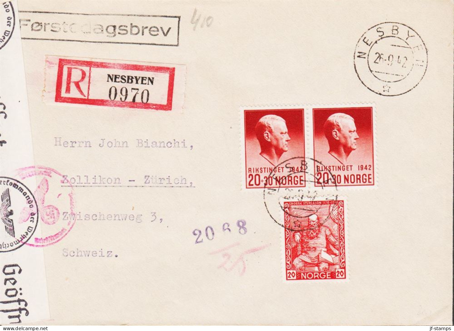 1944. NORGE. Fine Registered Envelope To Schweiz With Pair 20+30 ØRE Quisling RIKSTINGET 1942... (Michel 271) - JF545673 - Storia Postale