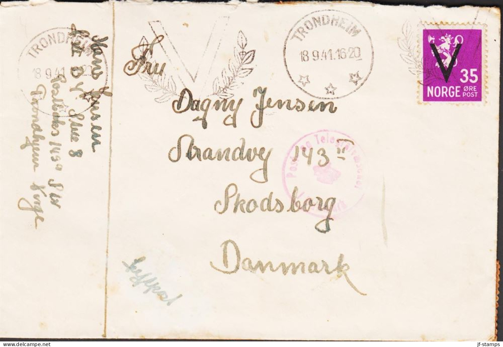 1941. NORGE. Very Interesting Envelope With 35 ØRE Lion Overprinted V And Cancelled TRONDHEIM... (MICHEL 249) - JF545679 - Briefe U. Dokumente