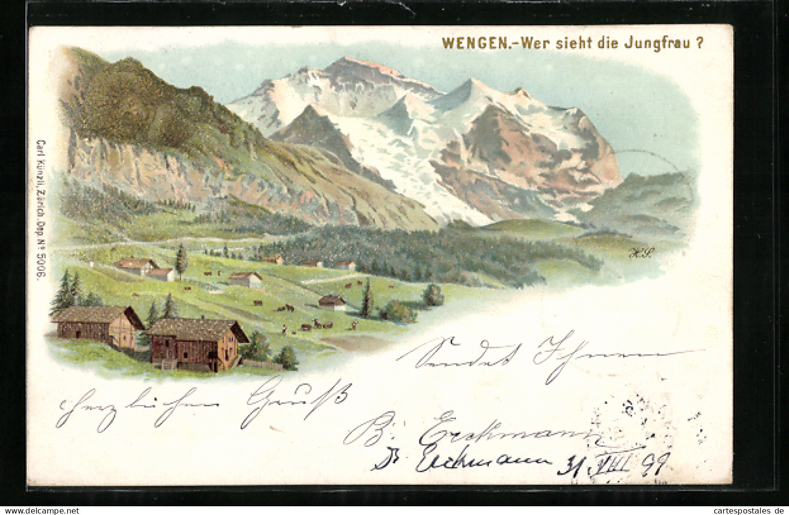 Lithographie Wengen, Ortsansicht Mit Jungfrau  - Wengen