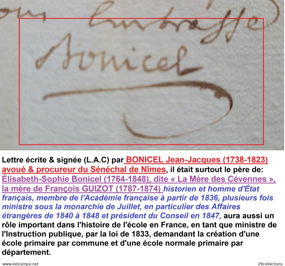 Autographe 1803 BONICEL (1738-1823) Père De La "Mère Des Cévennes" (1764-1848) Ayant Eût Pour Fils GUIZOT Ministre - Historical Figures