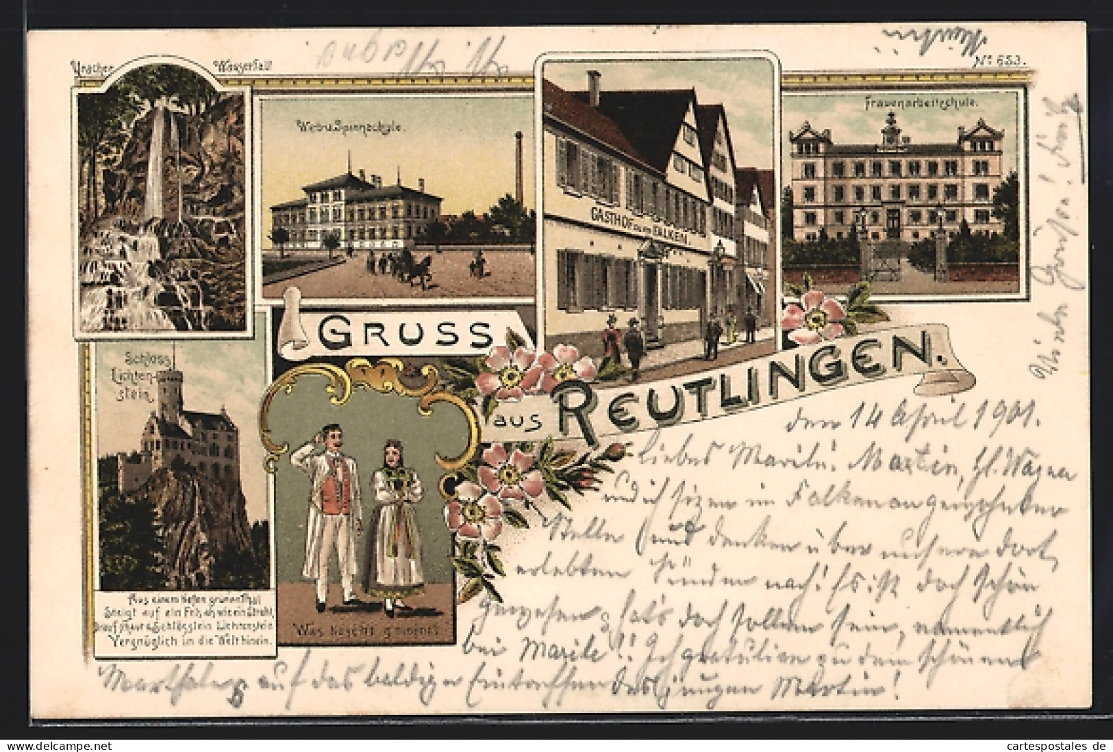 Lithographie Reutlingen, Schloss Lichtenstein, Paar In Tracht, Web- & Spinnschule  - Reutlingen