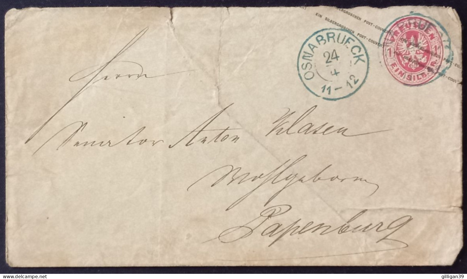 Ganzsache, Umschlag Von Preußen, Poststempel Osnabrück Nach Papenburg (Rechteckstempel Auf Rückseite) Beschädigt ! - Postal  Stationery