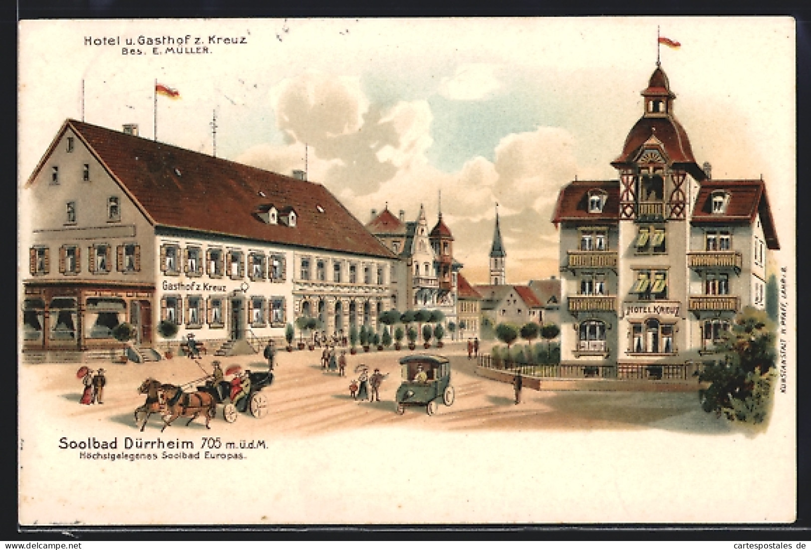 Lithographie Dürrheim, Hotel Und Gasthof Zum Kreuz Von E. Müller  - Bad Duerrheim
