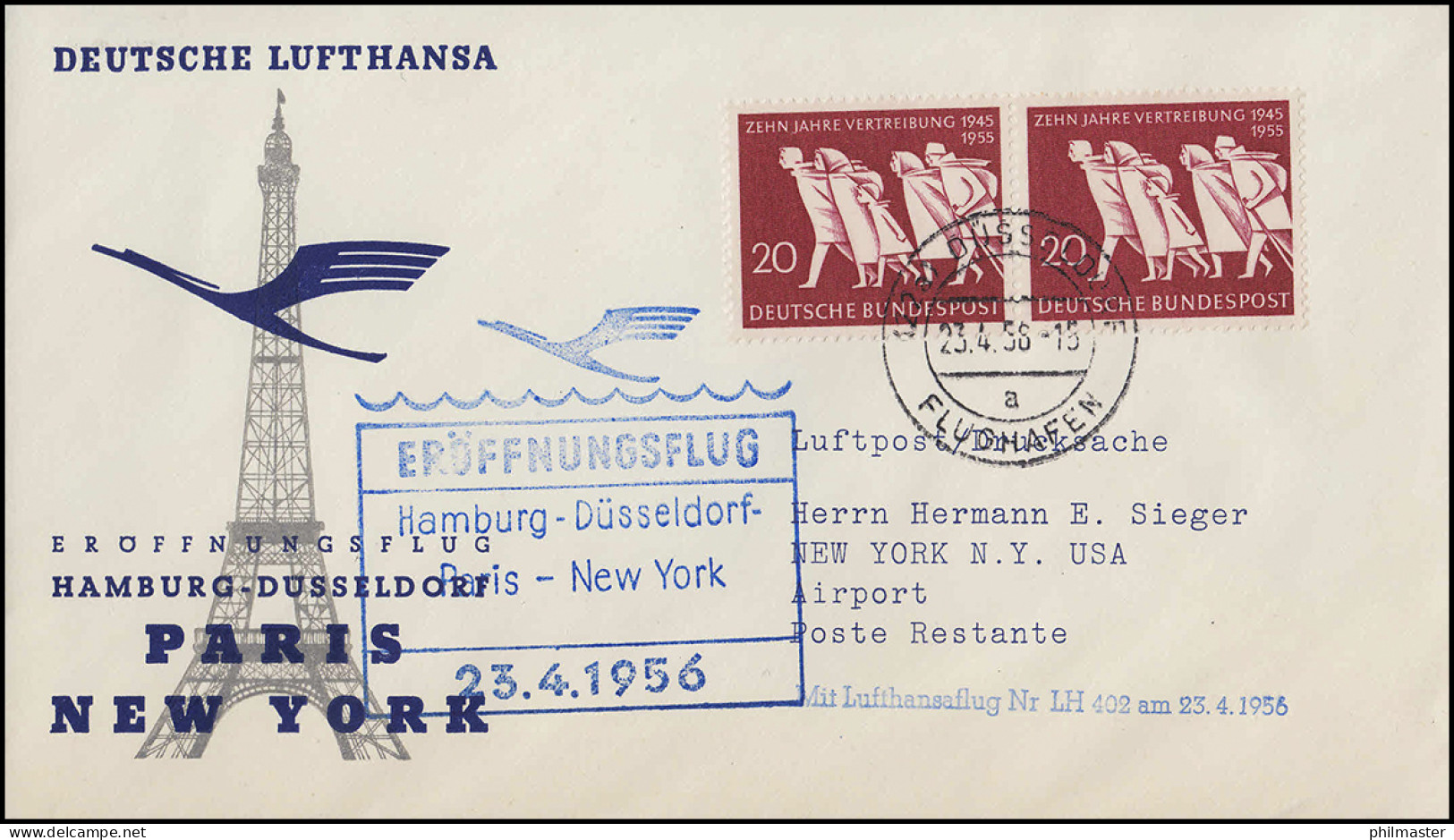 Eröffnungsflug Lufthansa LH 402 New York, Düsseldorf 23.4.1956/ New York 24.4.56 - Erst- U. Sonderflugbriefe