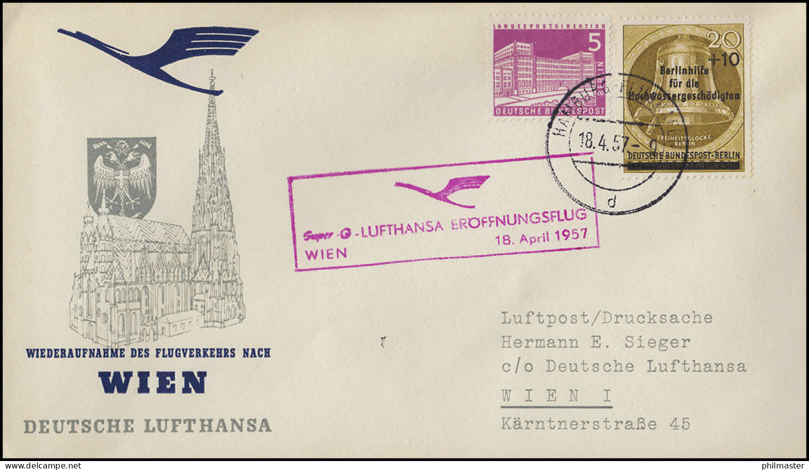 Eröffnungsflug Lufthansa Nach Wien, Hamburg 18.4.1957/ Wien 101 18.4.1957 - Erst- U. Sonderflugbriefe