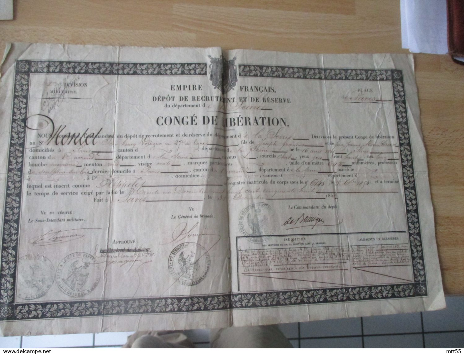 1858 EMPIRE FRANCAIDEPOT RECRUTEMENT ET RESERVE PLACE PARIS CONGE LIBERATION  VOLTIGEUR 27 EME LIGNE SIGNATURE AUTOGRAS - Documents