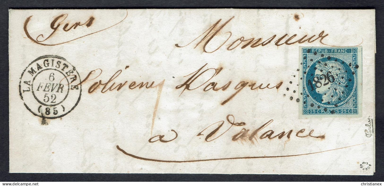 YT N° 4 Cérès 25 C BLEU Sur LAC La Magistère 6-2-1852 à Valence Sur Baïse - Signé Calves/Certificat ROUMET - SUP +++ - 1849-1850 Ceres