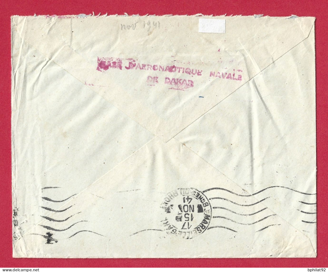 !!! SÉNÉGAL, LETTRE FM PAR AVION DE LA BASE AÉRONAVALE DE DAKAR POUR LA FRANCE DE 1941, CACHET DE LA MARINE EN AOF - Covers & Documents