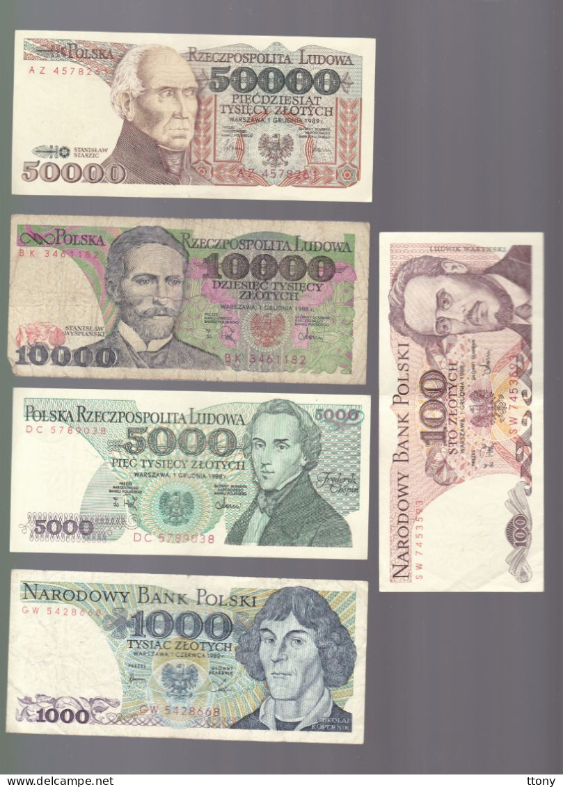 5 Billets De Banque Pologne    50000  Zloty  10000 Zloty  5000 Zloty  1000 Zloty  100 Zloty - Sonstige – Europa