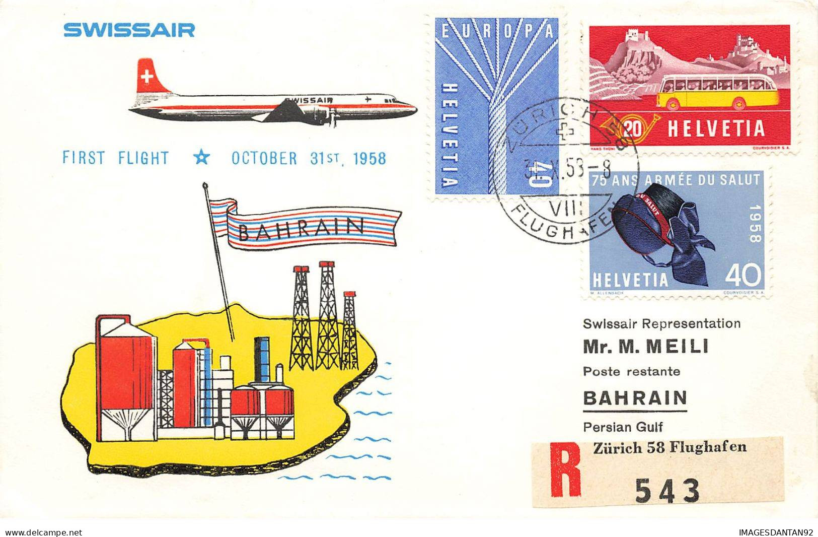 VOL SWISSAIR #36405 FIRST FLIGHT ZURICH TO BAHREIN BAHRAIN 1958 REC - Bahrain (1965-...)