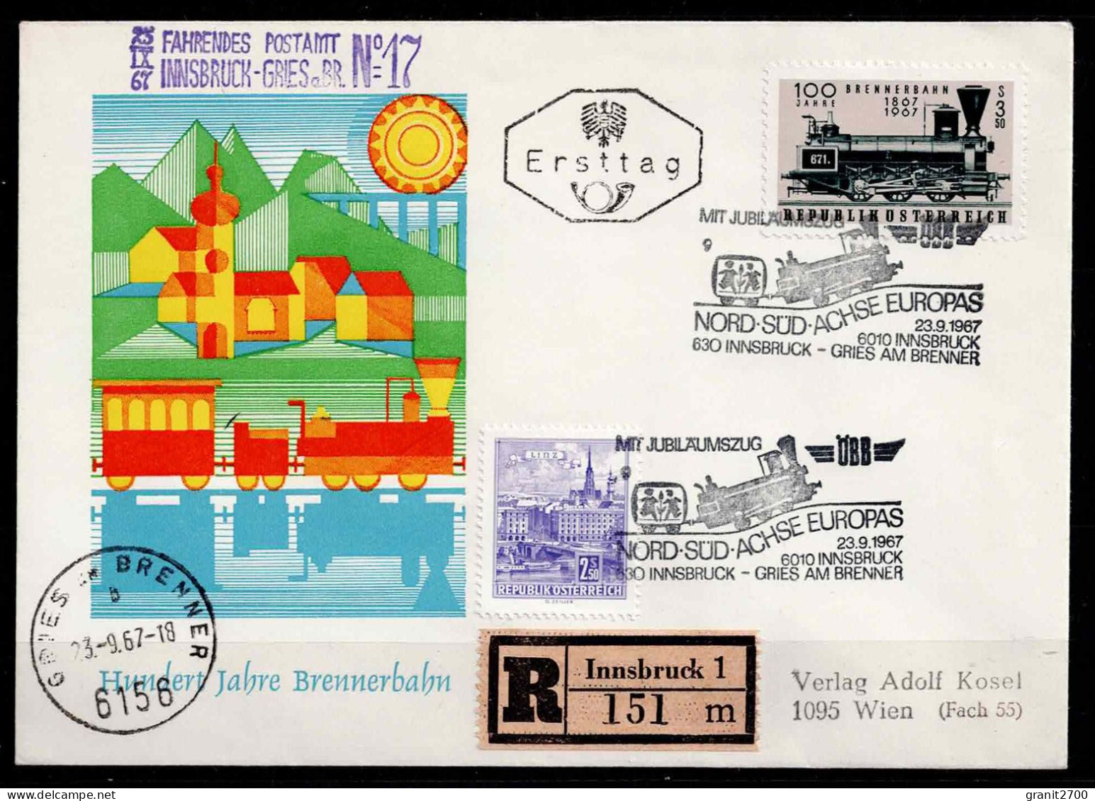 Reko FDC Brief  Mit Stempel Fahrendes Postamt Vom 23.9.1967 - 100 Jahre Brennerbahn - Briefe U. Dokumente