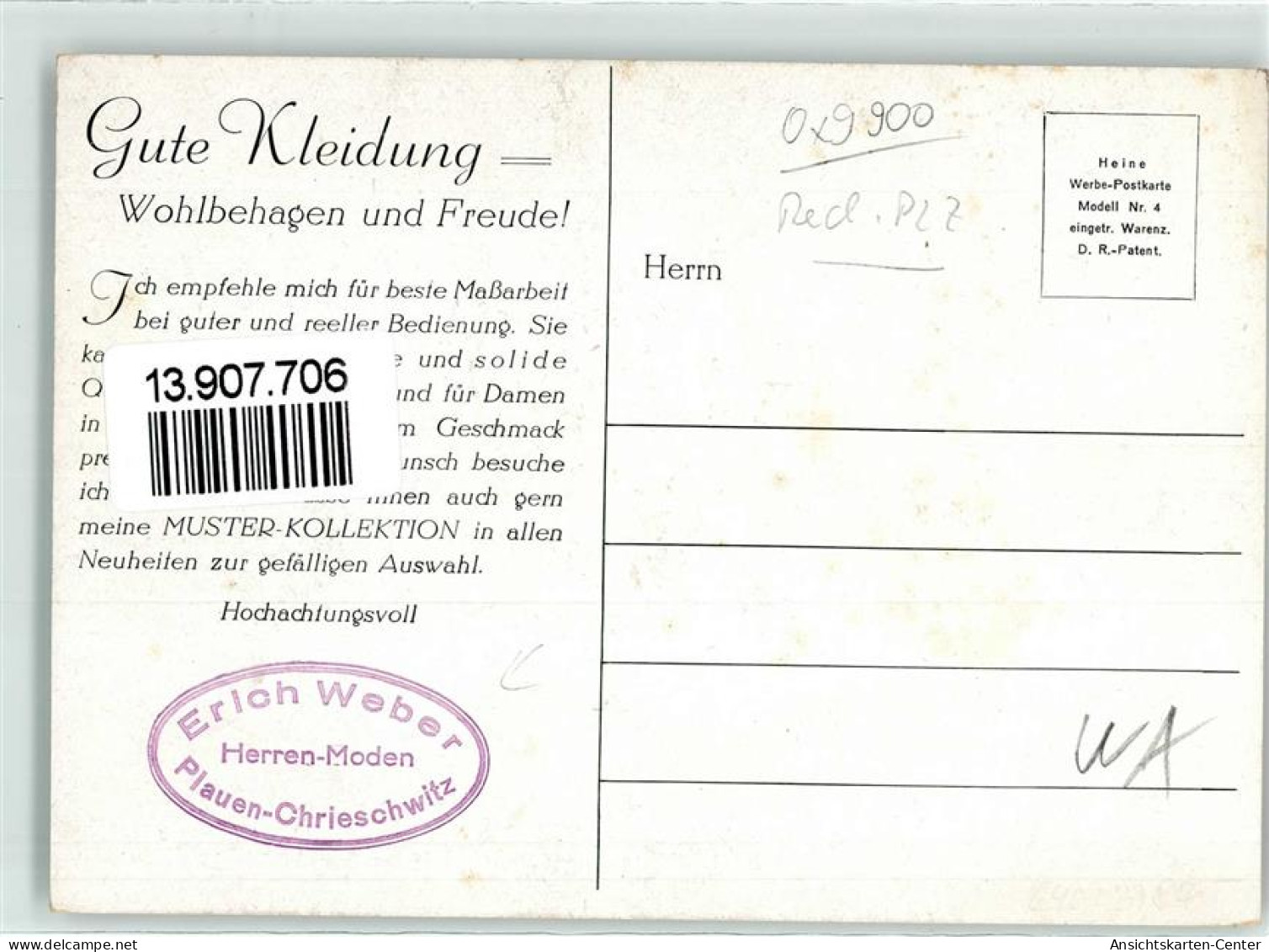 13907706 - Heine Tuche Masskleidung  Werbestempel: Erich Weber Herren-Mode  Plauen - Altri & Non Classificati