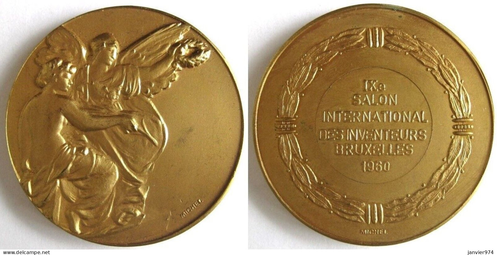Médaille En Bronze Dorée,  IXe Salon International Des Inventeurs Bruxelles 1960 Par Michel - Sonstige & Ohne Zuordnung