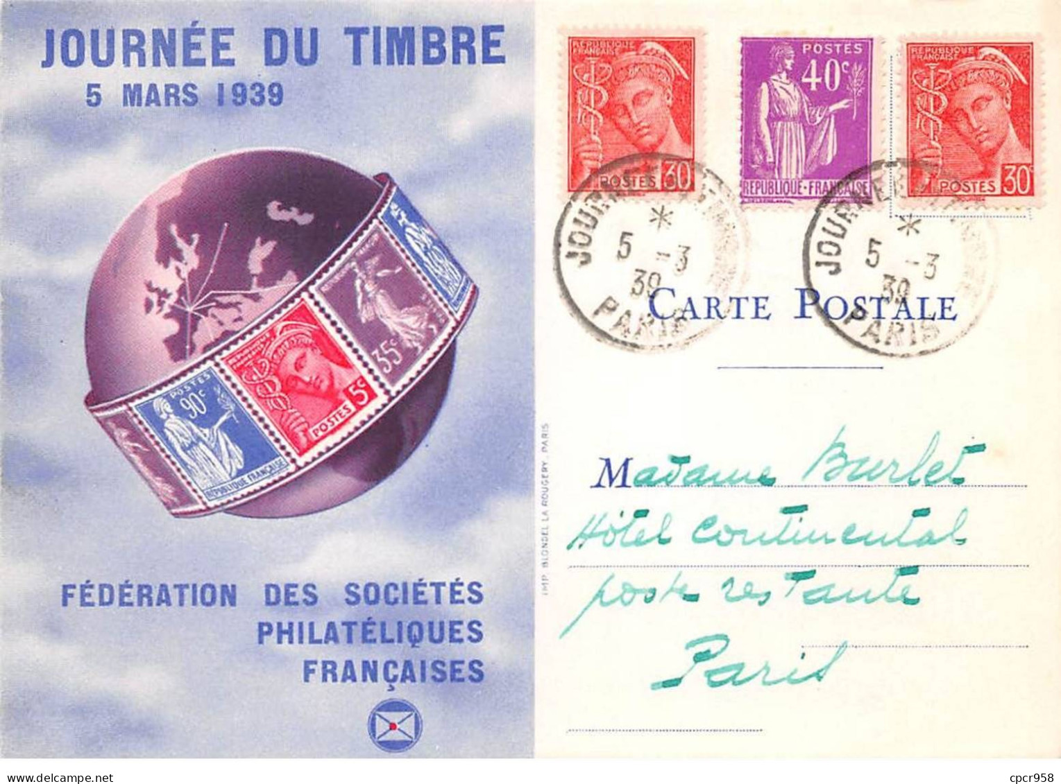 FRANCE.Carte Maximum.AM13700.05/03/1939.Cachet Paris.Journée Du Timbre - 1930-1939