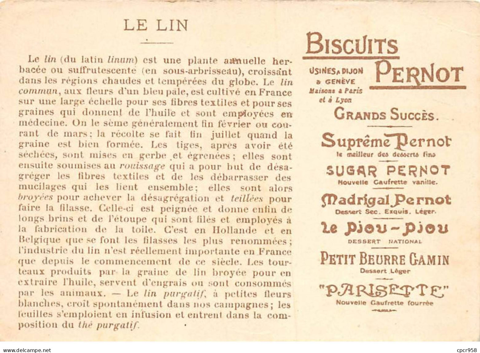 Chromos - COR15062 - Biscuits Pernot - Hommes - Femme - Champ - Récolte Du Lin - 12x8 Cm Environ - Pernot