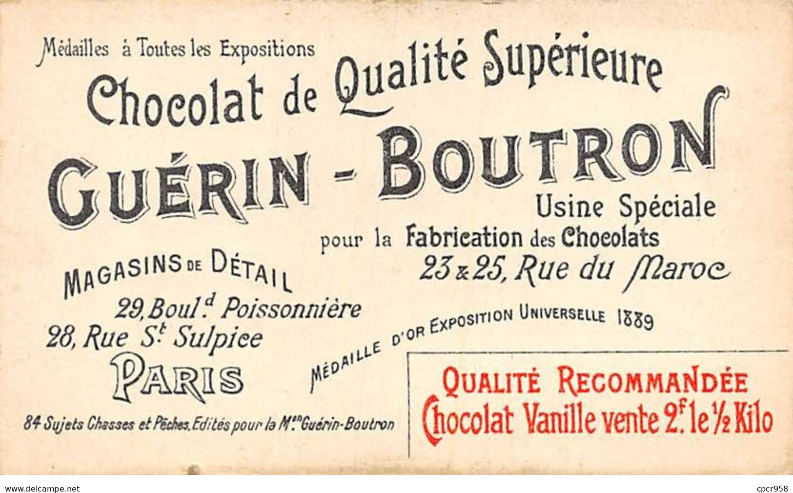 Chromos -COR10558 - Chocolat Guérin-Boutron- Chasses Et Pêches-Cerf- Panneau- Chasseurs  - 6x10 Cm Env. - Guerin Boutron