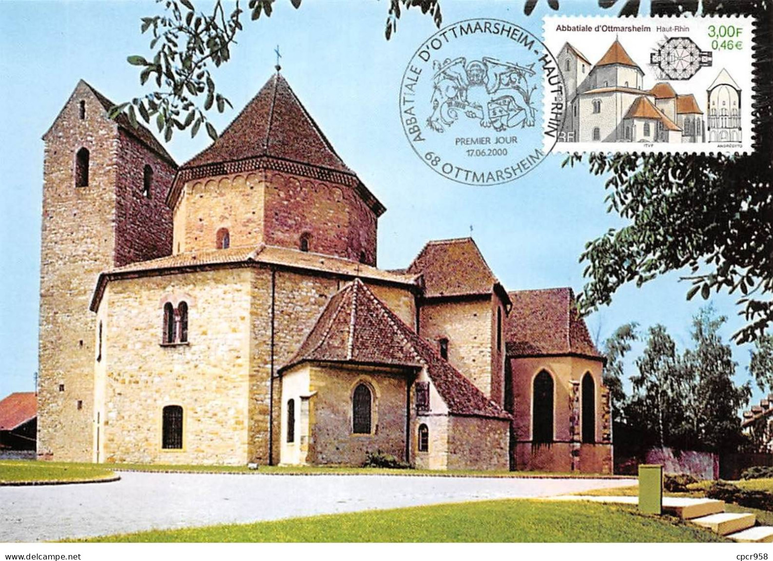 Carte Maximum - FRANCE - COR12928 - 17/06/2000 - Abbatiale D'Ottmarsheim -  Cachet Ottmarsheim - 2000-2009