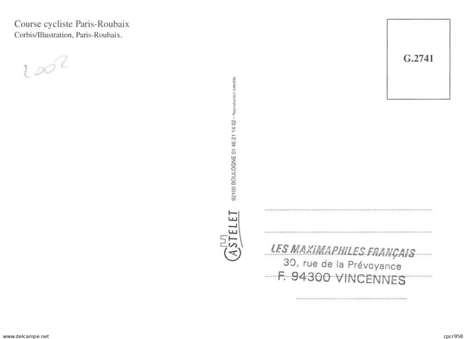 Carte Maximum - FRANCE - COR13093 - 13/04/2002 - 100e Paris-Roubaix - Cachet Roubaix - 2000-2009