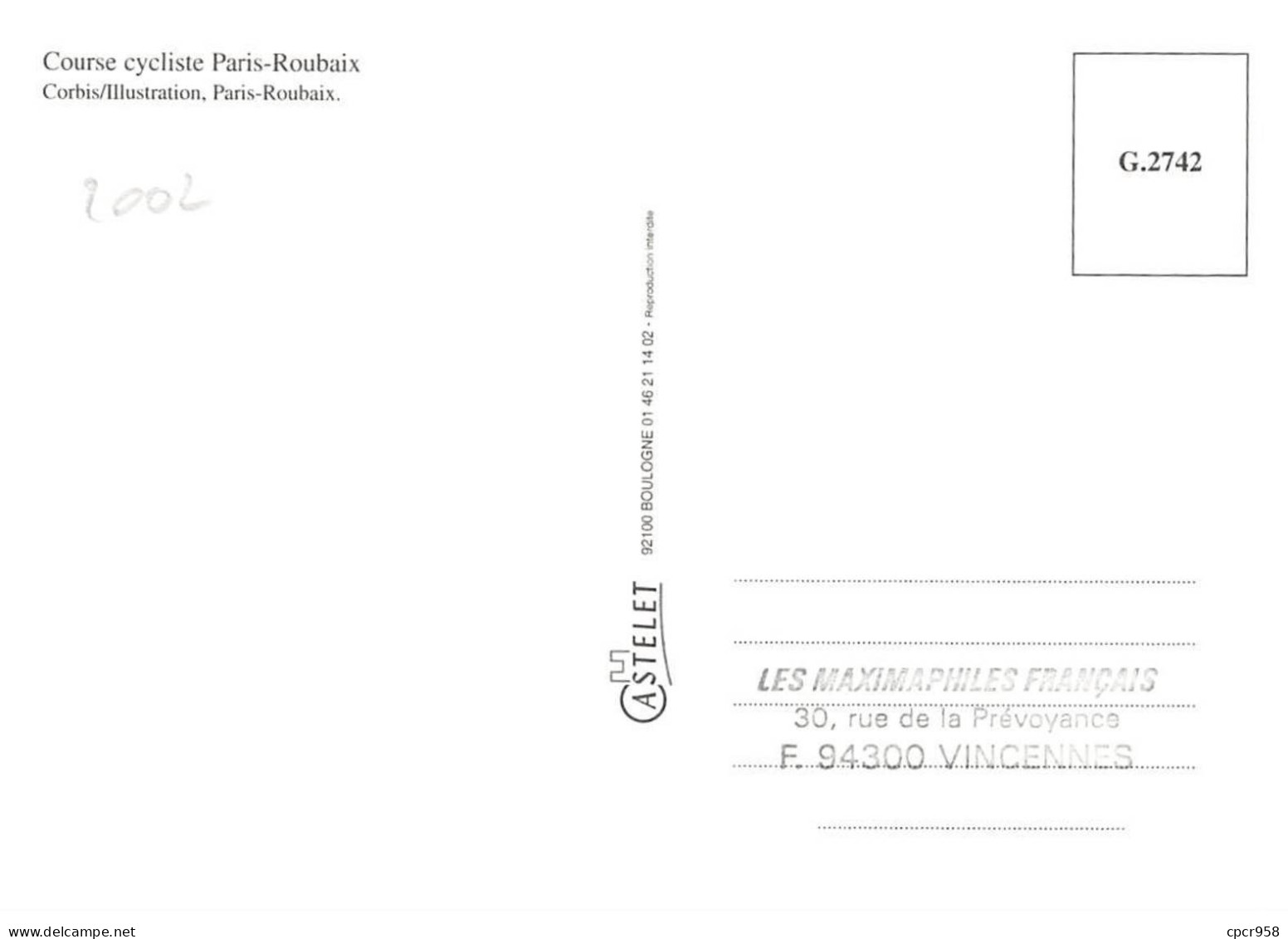 Carte Maximum - FRANCE - COR13094 - 13/04/2002 - 100e Paris-Roubaix - Cachet Compiègne - 2000-2009