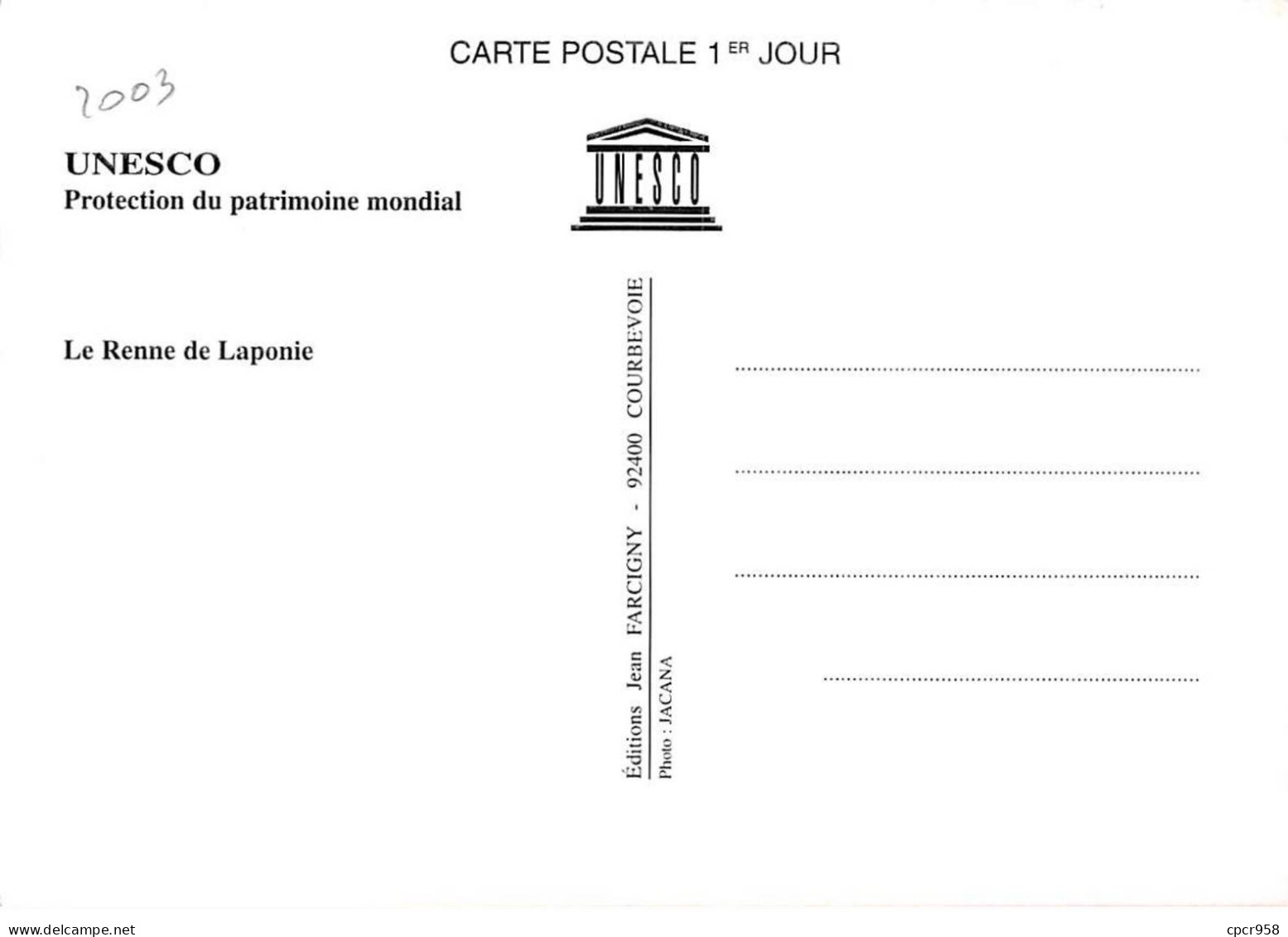 Carte Maximum - FRANCE - COR13158 - 06/12/2003 - Le Renne De Laponie - Cachet Paris - 2000-2009