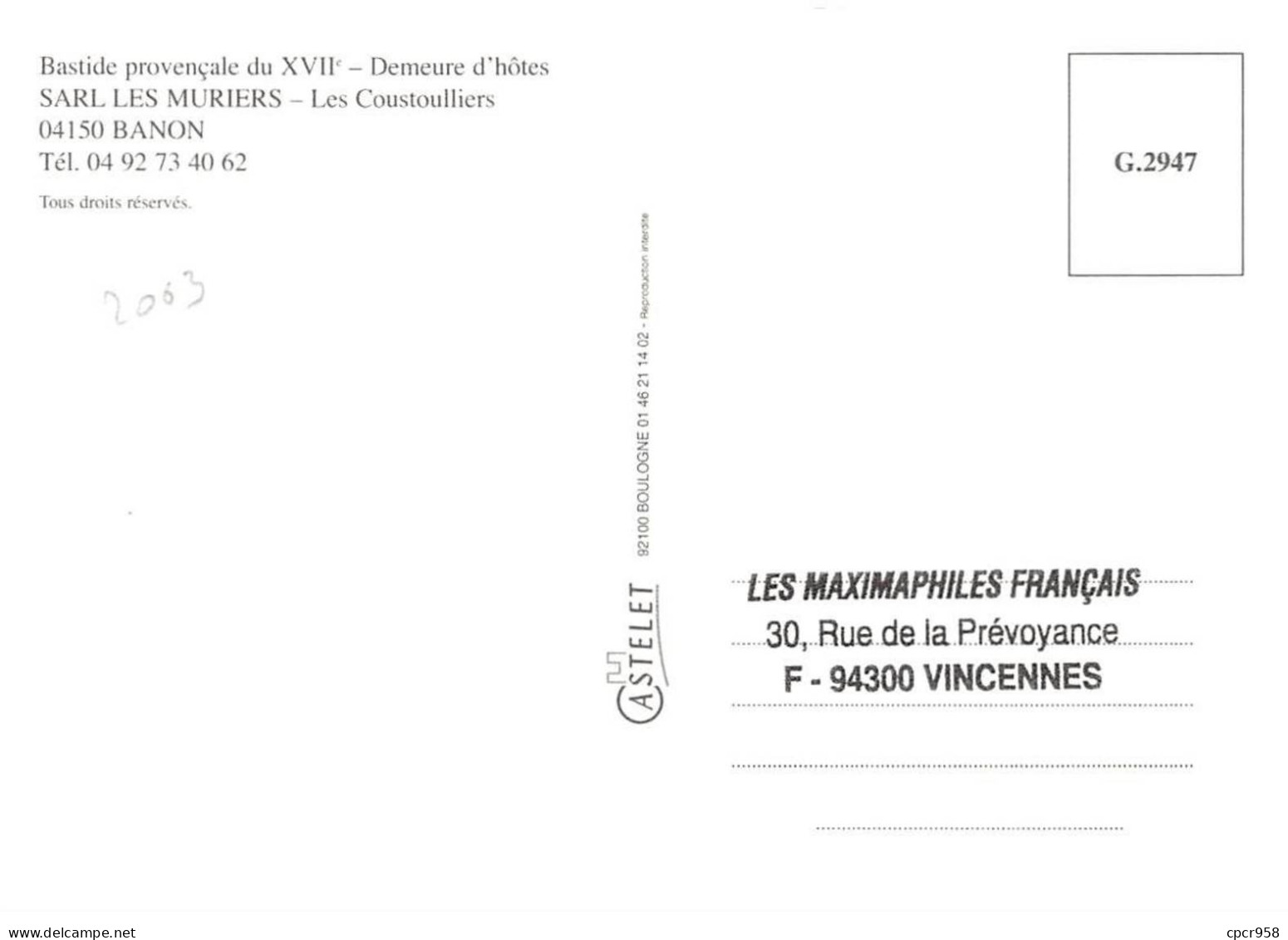 Carte Maximum - FRANCE - COR13187 - 20/09/2003 - Mas Provençal - Cachet Banon - 2000-2009