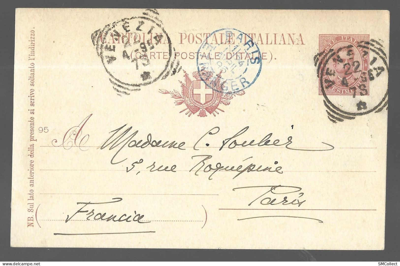 Italie. Entier Postal1895. Cachet à L'arrivée "Paris étranger" Bleu (13736) - Ganzsachen