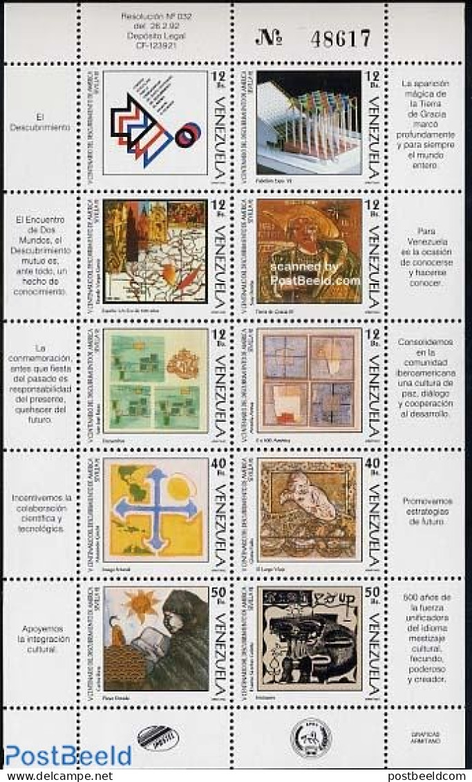 Venezuela 1992 Expo Sevilla 10v M/s, Mint NH, History - Various - Explorers - Maps - World Expositions - Art - Modern .. - Explorers