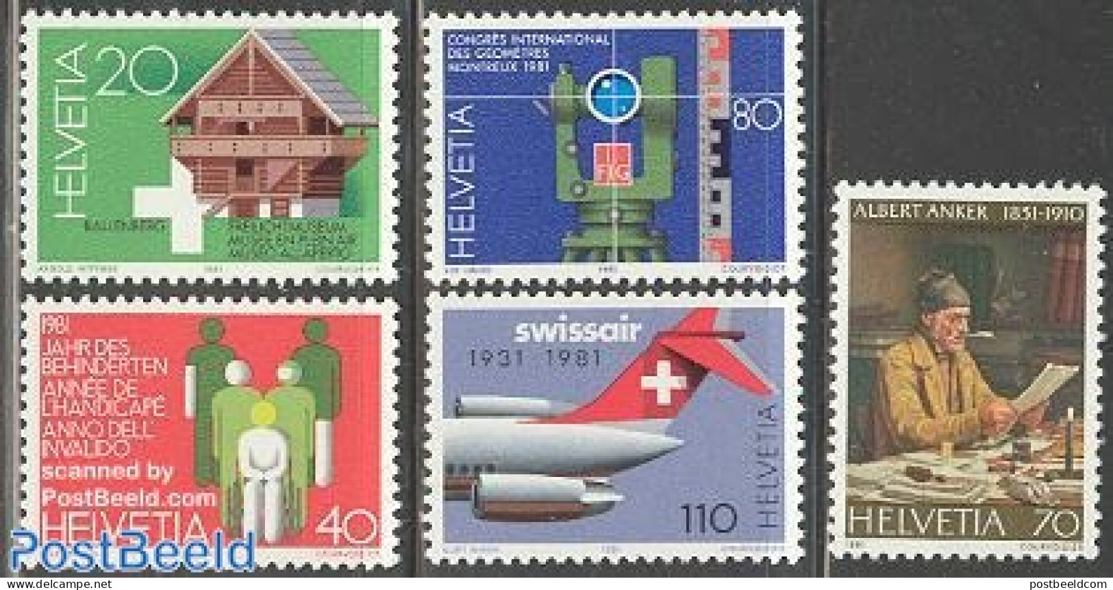 Switzerland 1981 Mixed Issue 5v, Mint NH, Health - Science - Transport - Disabled Persons - Weights & Measures - Aircr.. - Ungebraucht