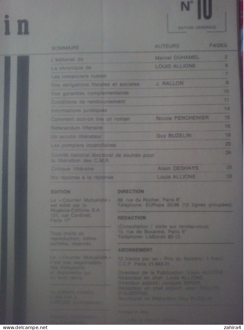 Le Courrier Mutualiste N°10 Obligation Fiscal Social Romancier Russes Concours Libération Des CMR Critique Littéraire - Altri & Non Classificati