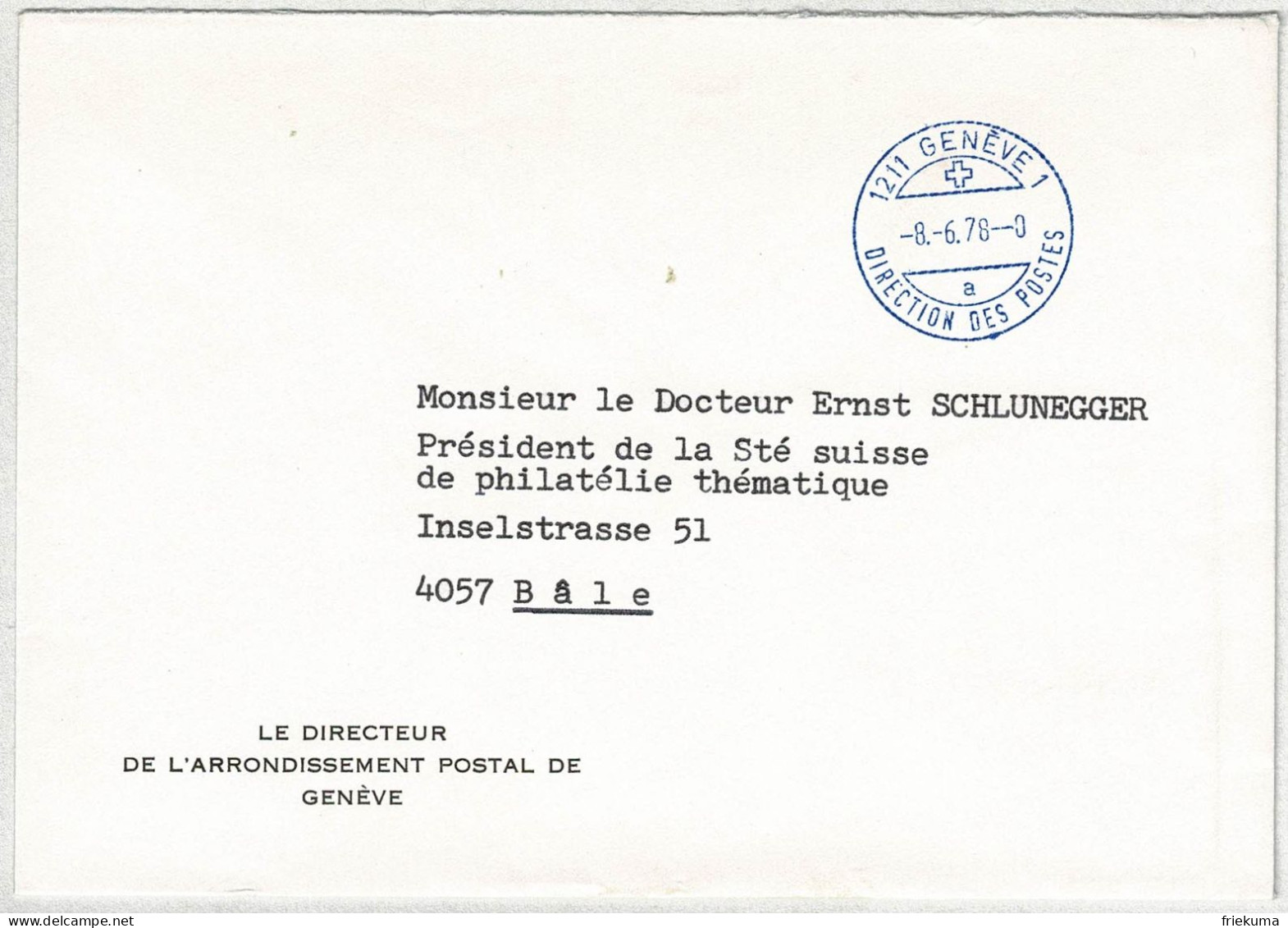 Schweiz 1978, Brief Direction Des Postes Genève - Basel, Postsache, Portofrei - Marcofilia