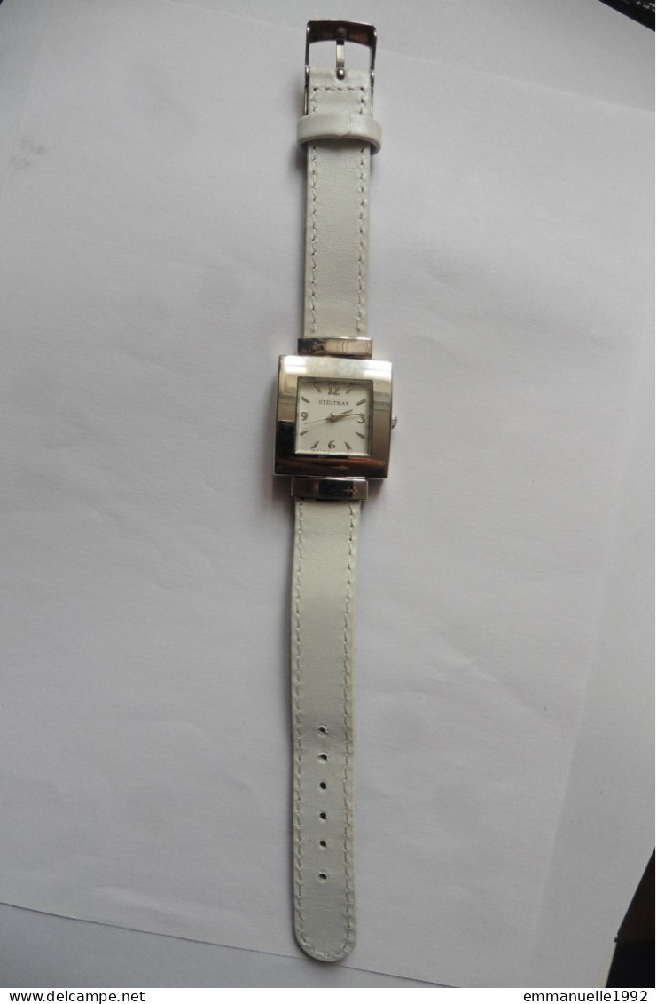 Montre Femme Réversible Steltman Métal Argenté Tissu Jean Bleu Et Cuir Blanc - Moderne Uhren