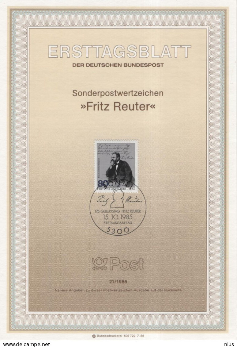 Germany Deutschland 1985-21 175. Geburtstag Fritz Reuter, Writer, Stavenhagen, Canceled In Bonn - 1981-1990
