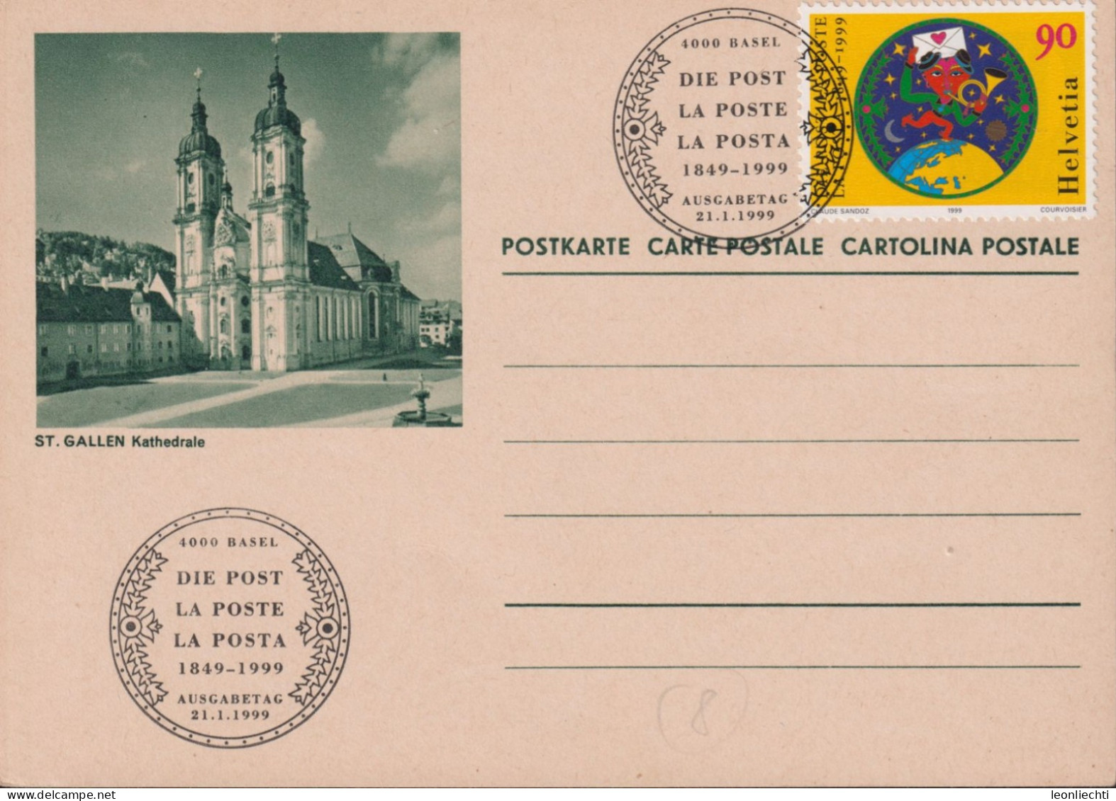 1999, Postkarte 0107A ST.GALLEN Kathrdrale, 10 Cts. überklebt Mit Zum:CH 963,Mi:CH 1672, Herzmännchen, ⵙ DIE POST, ET - Cartas & Documentos