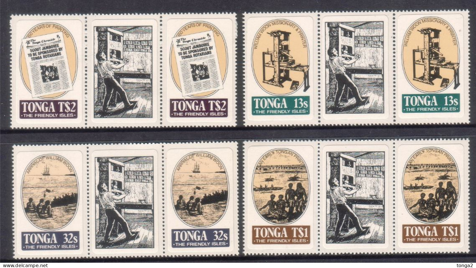 Tonga 1984 William Woon Missionary Printer Set Of 4 MNH In Strips - Shows Printing Press - Christianisme