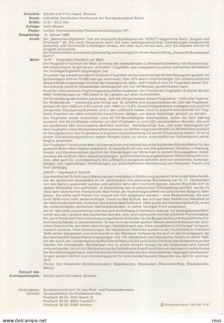Germany Deutschland 1988-1 Sehenswürdigkeiten Hambacher Schloss, Flughafen Frankurt, Canceled In Bonn - 1981-1990