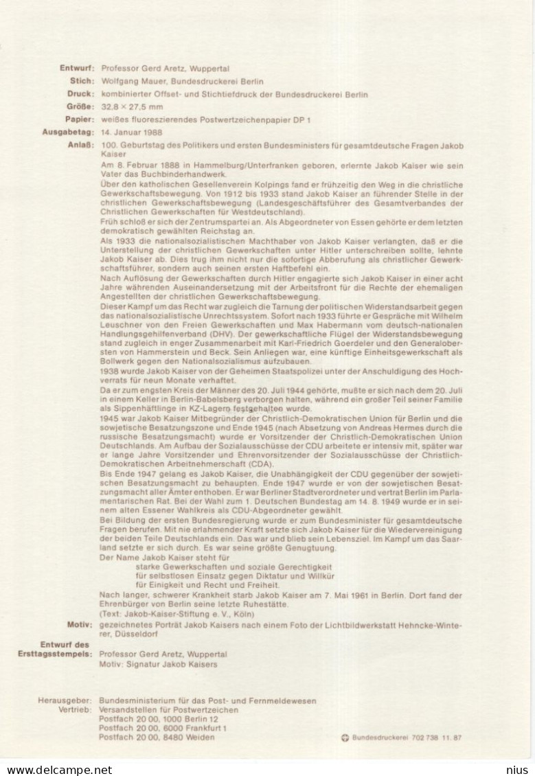 Germany Deutschland 1988-03 Jacob Kaiser, German Politician And Resistance Leader During World War II, Canceled In Bonn - 1981-1990