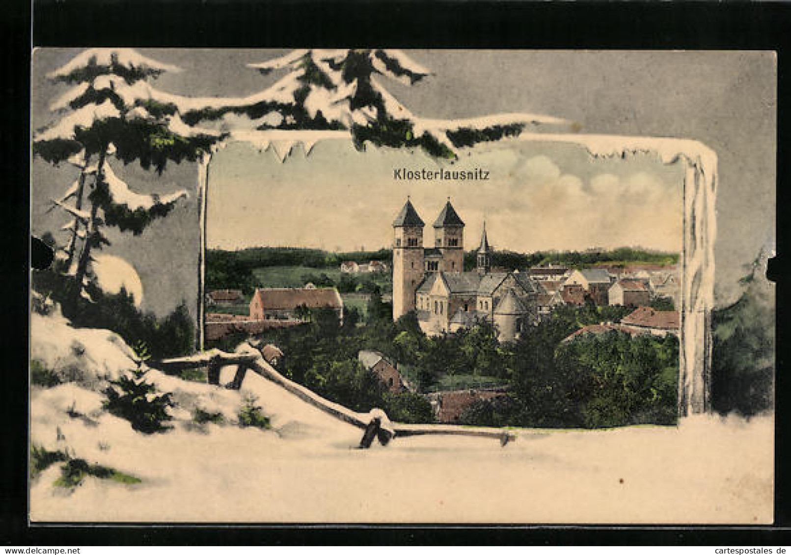 AK Klosterlausnitz, Teilansicht Mit Kirche, Ortspartie Mit Tannen Im Winter Bei Mondschein, Passepartout  - Bad Klosterlausnitz