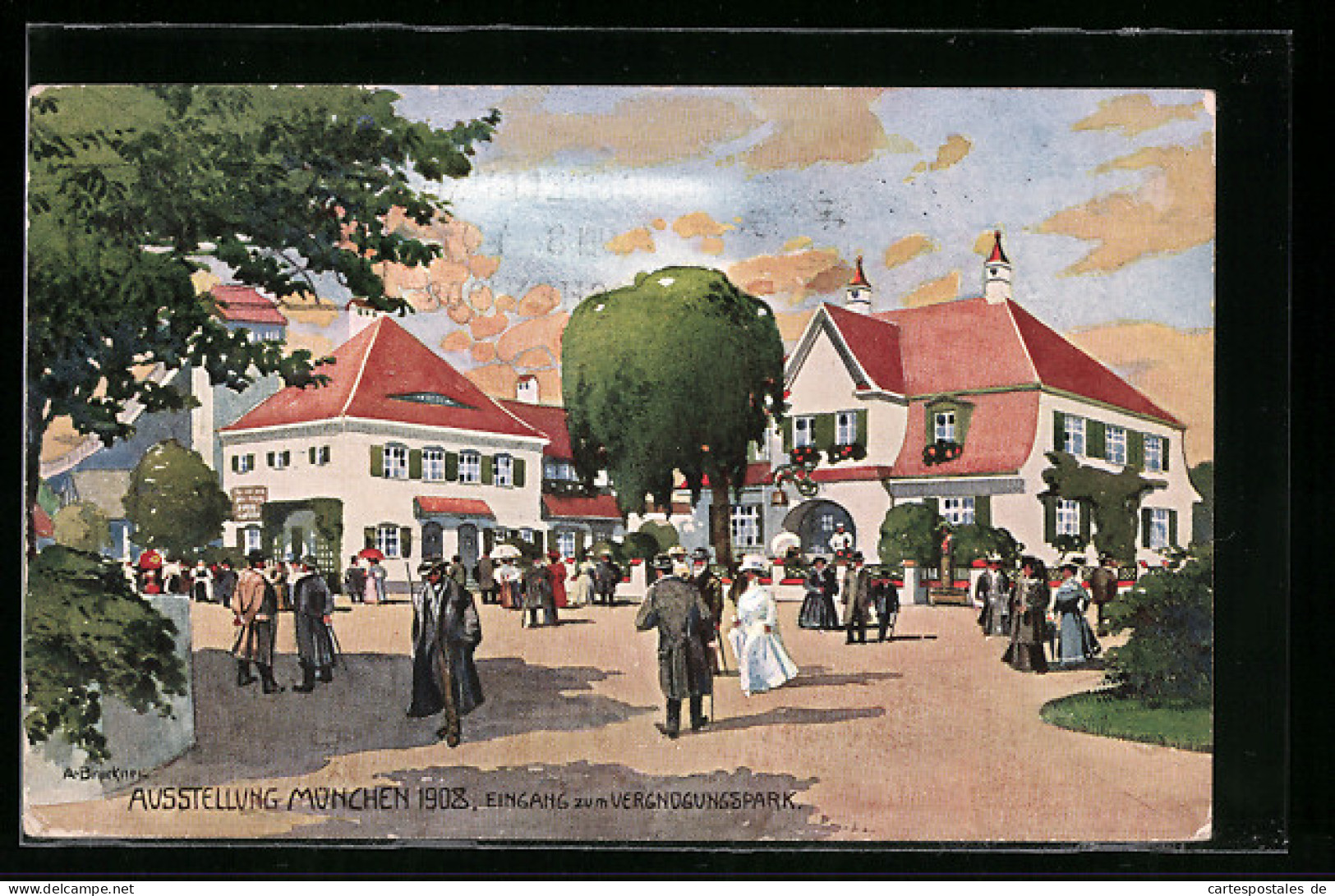 Künstler-AK München, Ausstellung 1908, Eingang Zum Vergnügungspark, Ganzsache Bayern  - Cartoline