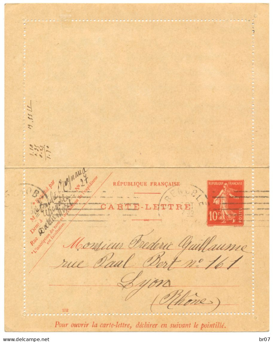 ISERE ENTIER CL 10C SEMEUSE AVEC SES BORDS ET AYANT CIRCULE RARE 1916 GRENOBLE - Letter Cards