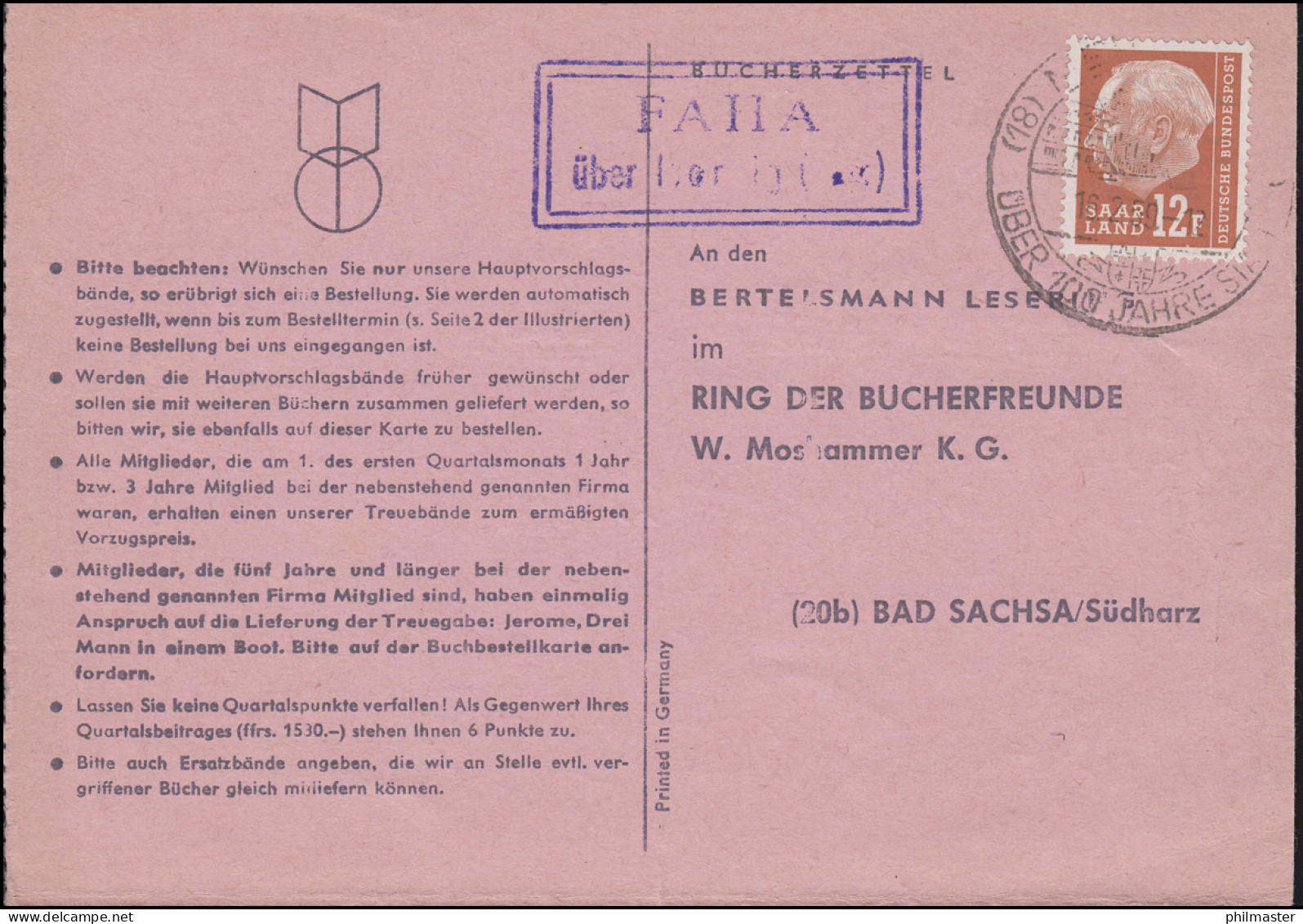 Landpost Faha über Merzig, Buchbestellkarte SSt MERZIG 100 Jahre Stadt 16.2.59 - Autres & Non Classés