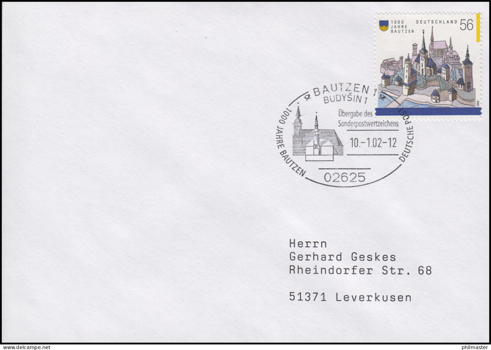 2232 Bautzen EF FDC ESSt Bautzen Markenübergabe & Kirchen 10.1.2002 - Sonstige & Ohne Zuordnung