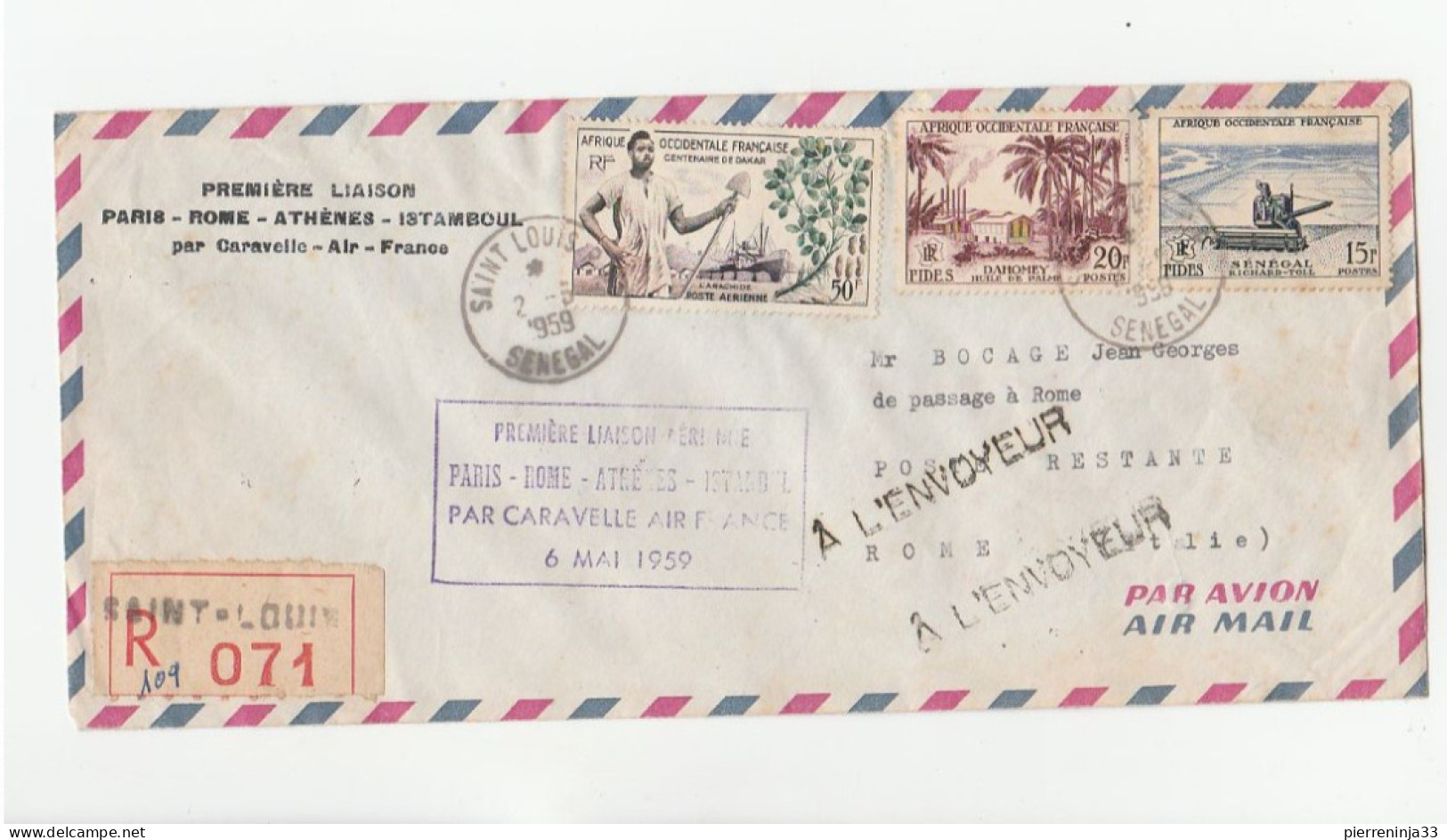 Lettre Recommandée St Louis Du Sénégal/1ère Liaison Par Caravelle Air France: Paris-Rome-Athènes,... - Lettres & Documents