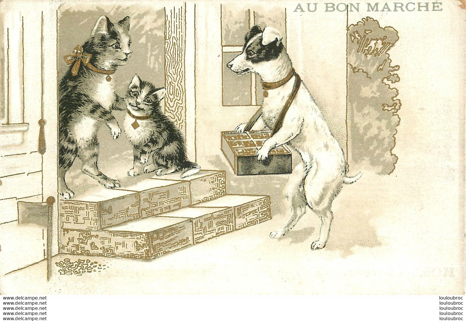 CHROMO AU BON MARCHE  SERIE CHIENS ET CHATS HUMANISES FORMAT 13.50 X 9 CM - Au Bon Marché