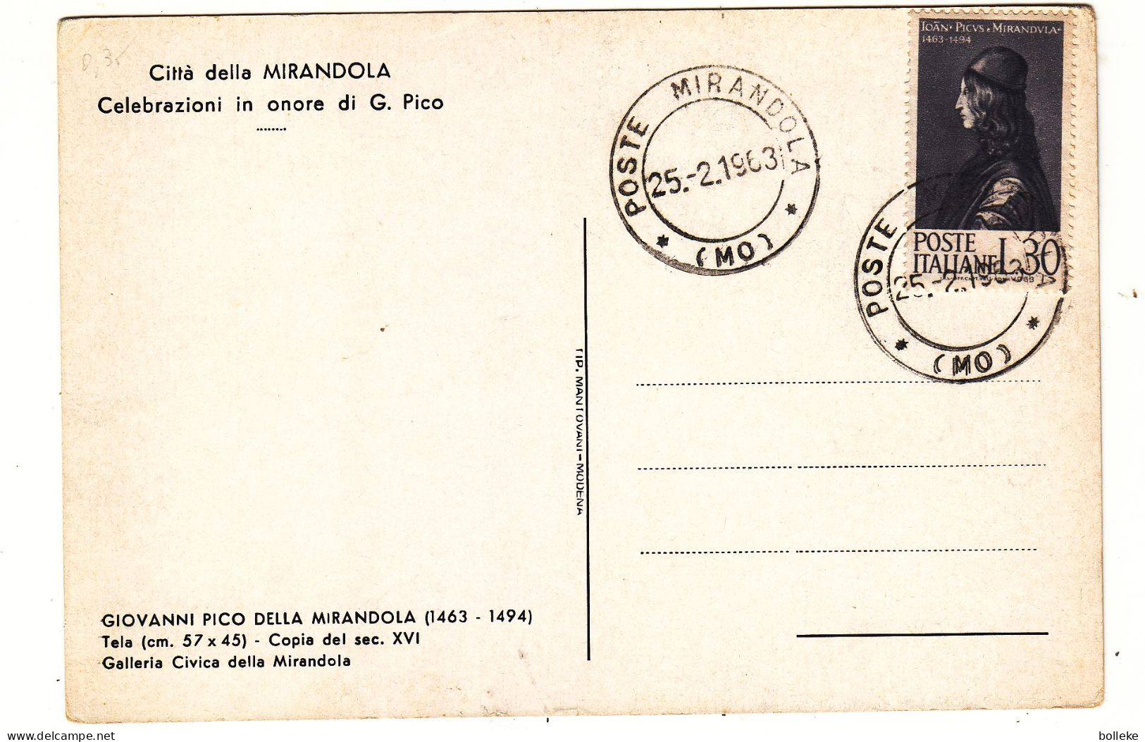 Italie - Carte Postale De 1963 - Oblit Poste Mirandola - - 1961-70: Marcophilie