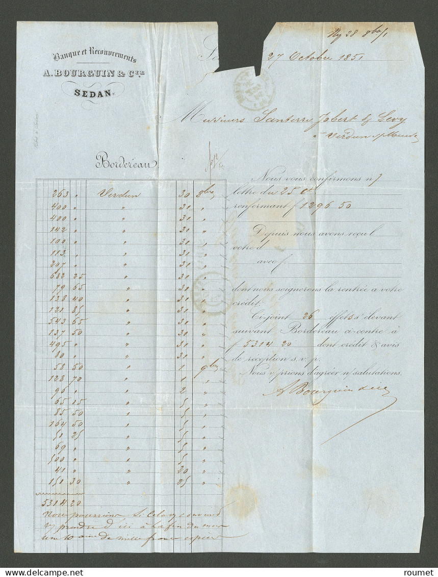 Lettre.  No 6B, Carmin-brun, Bdf + Un Voisin, Obl Grille Sur Lettre En Triple Port De Sedan Oct 51 Pour Verdun. - TB. -  - 1849-1850 Ceres