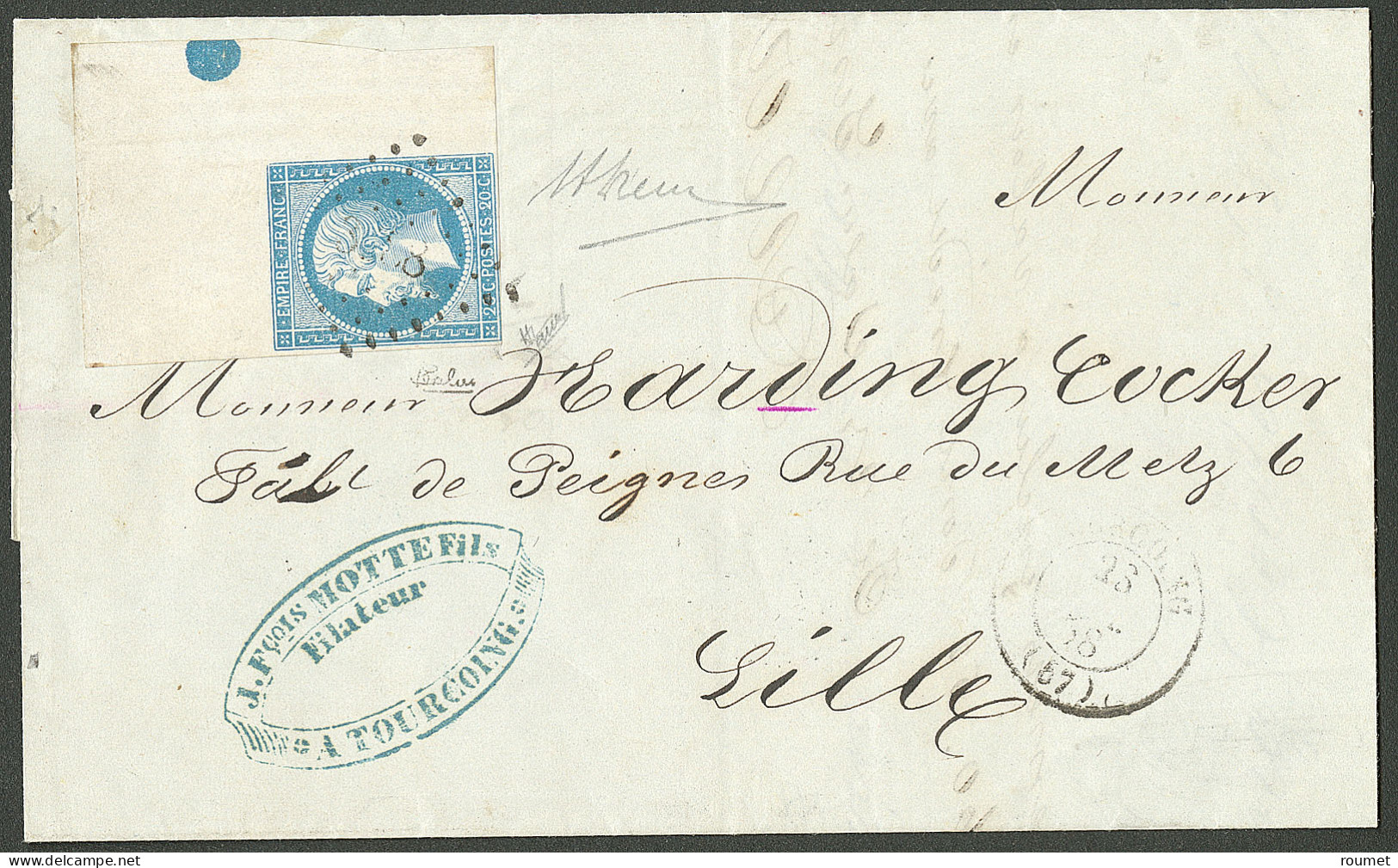 No 14A, Bleu Type I, Cdf Intégral Avec Rond De Repère, Obl Pc 3388, Sur Lettre D'Oct 58 Pour Lille, Superbe. - RRRR - 1853-1860 Napoléon III.