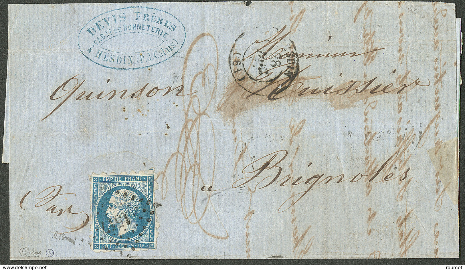 Piquage De Hesdin. No 14B, Obl Pc 1517 Sur  Lettre D'Hesdin Déc 61 Pour Brignoles. - TB - RR - 1853-1860 Napoléon III.