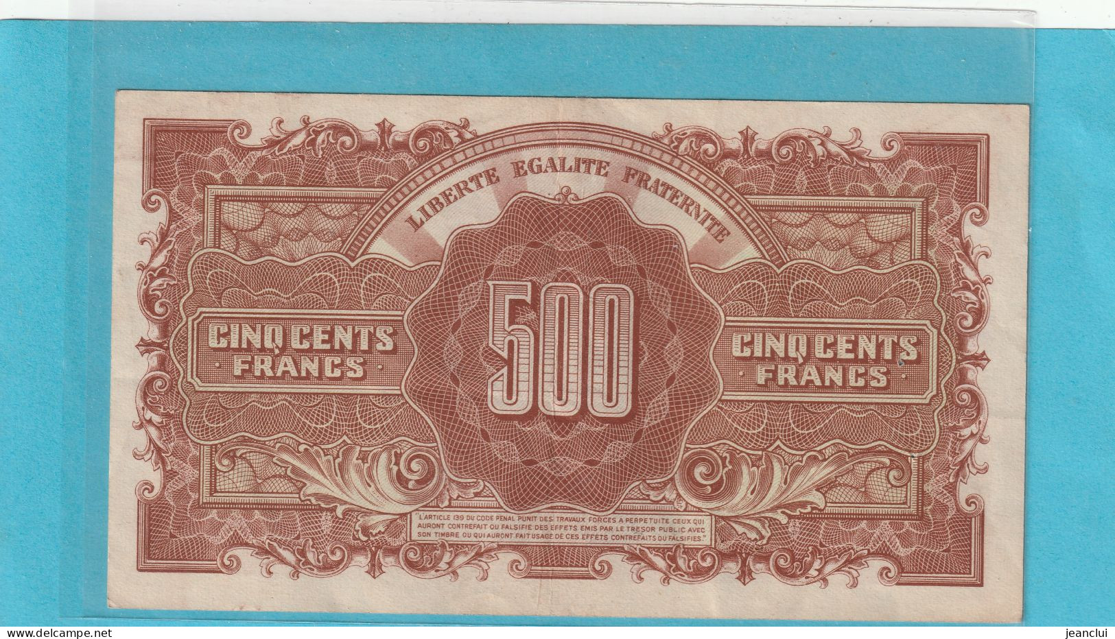 ** RARE ** 500 FRANCS Type ANGLAIS 1945 MARIANNE DULAC .  N°  95 M 504609  PETITES TRACES DE PLI .  2 SCANNES - 1943-1945 Marianne