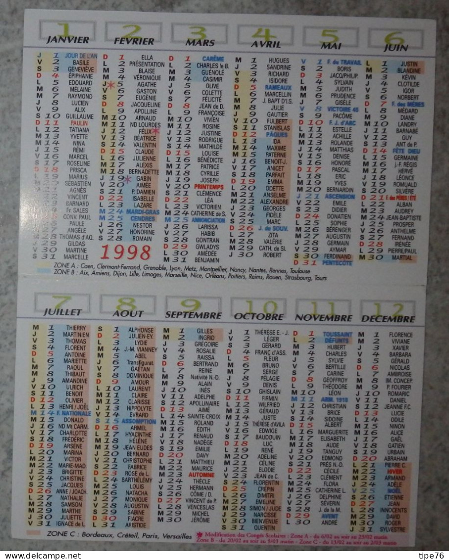 Petit Calendrier De Poche  1998 Fleur Violette Pensée Pharmacie Homéopathie Le Mans Sarthe - Petit Format : 1991-00