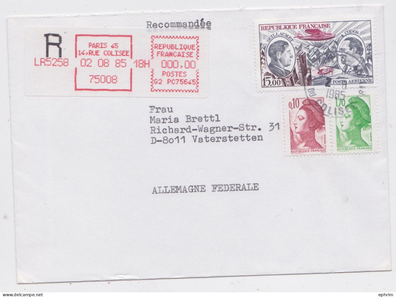 France Paris Lettre Vignette Recommandée Rouge Timbre Poste Aérienne Registered Label Air Mail Cover Vaterstetten 1985 - Covers & Documents